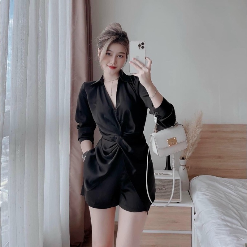 Sét bộ đùi thời trang nữ mặc đi chơi chất tuyết nhung cao cấp cổ v nhún eo tay dài xinh xắn