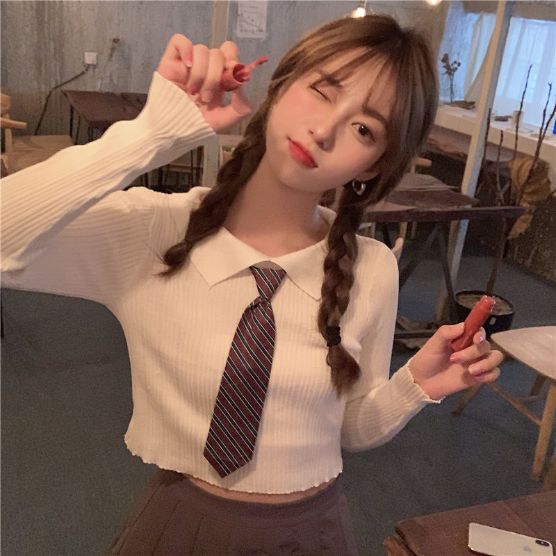 Áo Thun Polo Tay Dài Dệt Kim Cổ Bẻ Xinh Xắn Cho Nữ