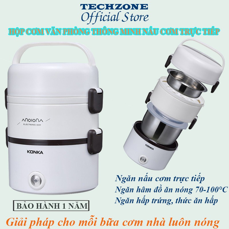 Hộp Cơm Văn Phòng 3 Tầng Nấu Cơm Trực Tiếp, Cà Men Cắm Điện Thông Minh Kèm Chức Năng Hâm Nóng, Luộc, Hấp