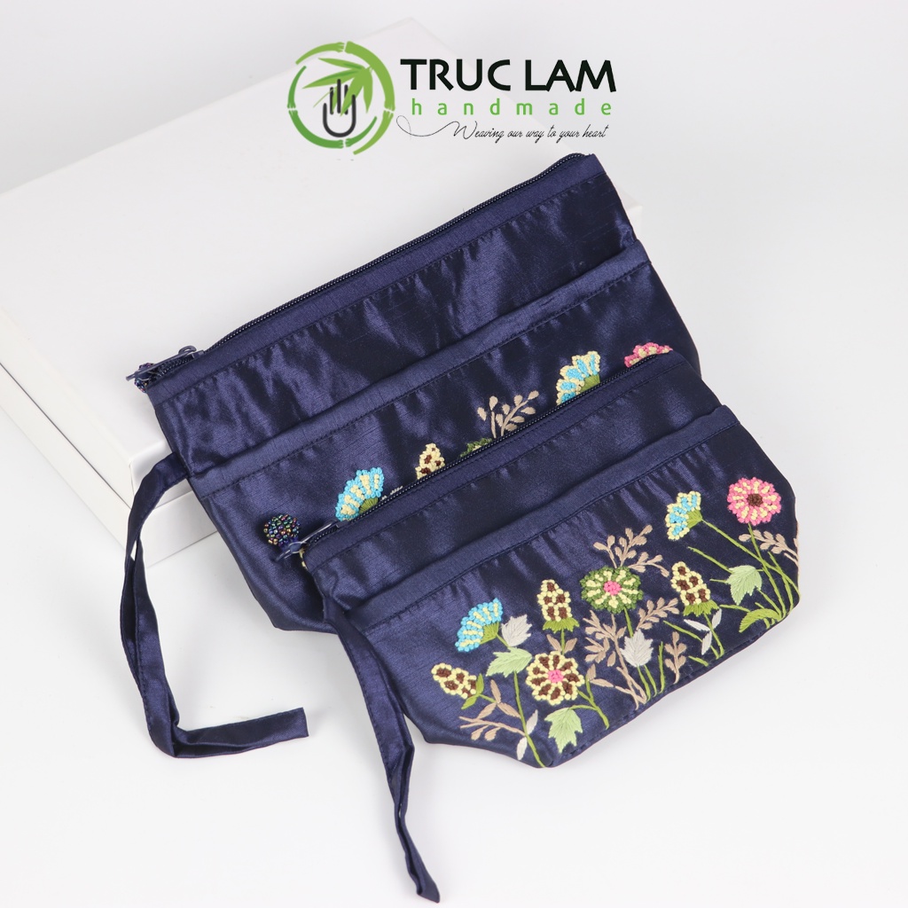 Ví Cầm Tay Nữ Vải Tafta Họa Tiết Hoa Cỏ Sa Hạt Thêu Tay Set 2 Chiếc