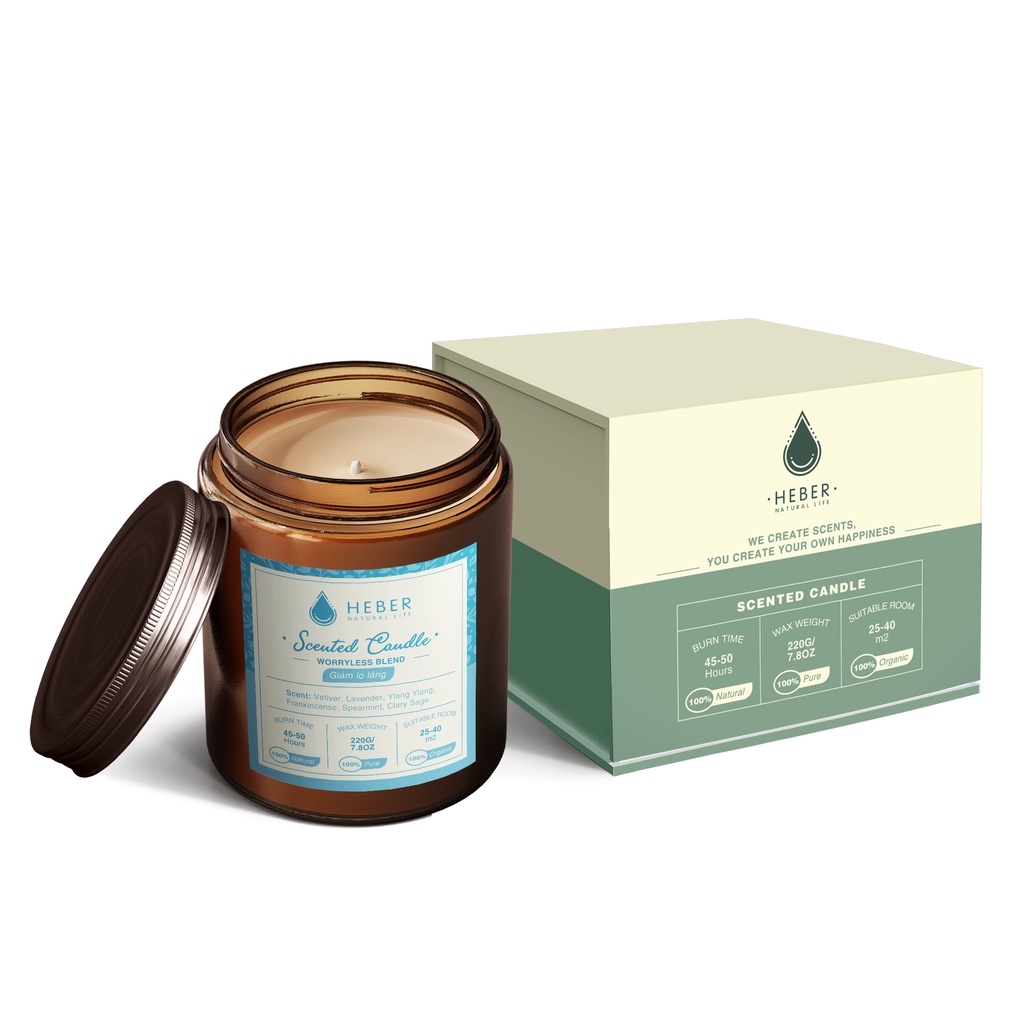 Nến Thơm Giảm Lo Lắng Worryless Scented Candle Heber Natural Life Thiên Nhiên Cao Cấp, Thơm Phòng Thư Giãn, 100g & 220g