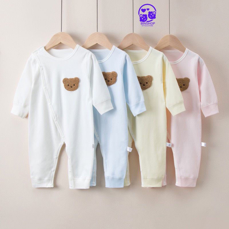 Bodysuit dài tay cho bé Đính Gấu đáng yêu, body dài tay cho bé chất Thun mềm mịn thấm hút tốt mồ hôi mẫu quần áo sơ sinh