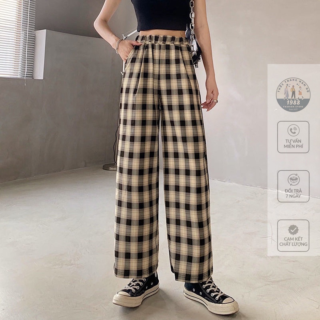 Quần Kẻ Caro Ống Rộng ❤ Quần Caro Nữ Cạp Chun Lưng Cao Dáng Suông