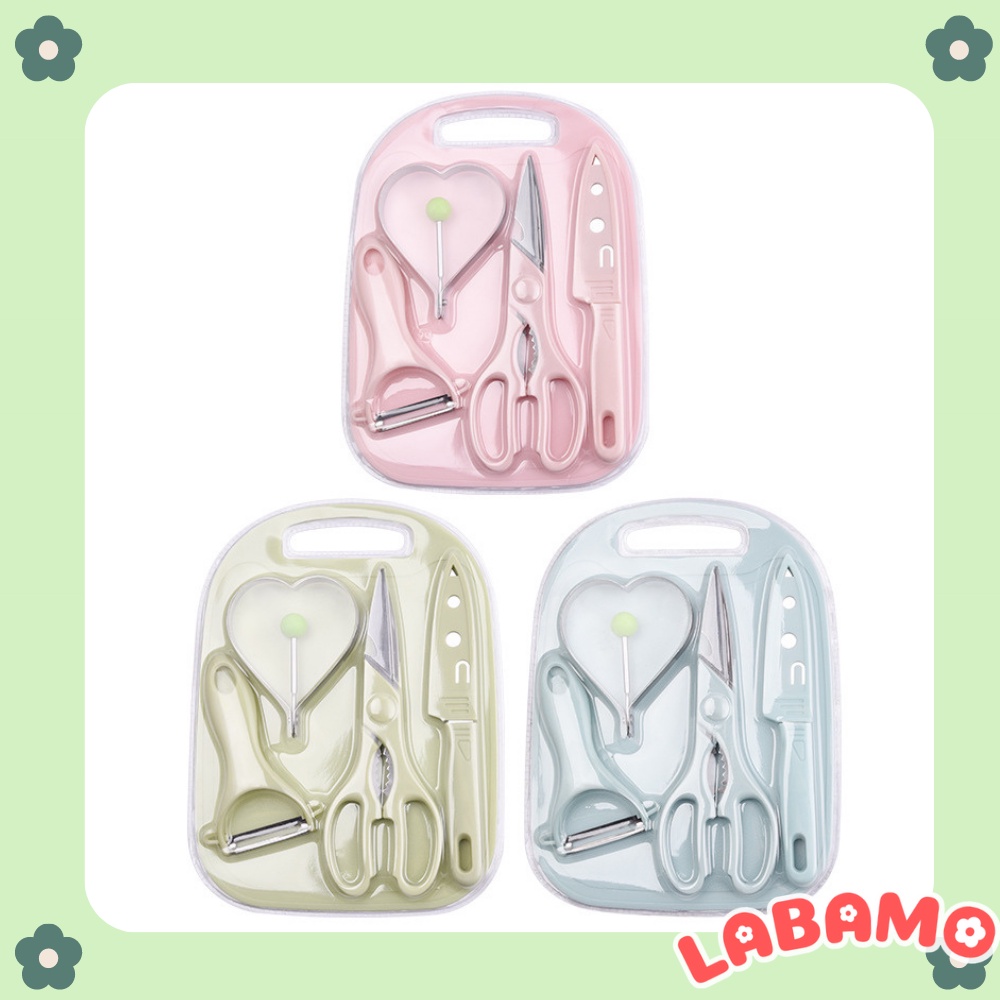 Bộ dụng cụ chế biến đồ ăn dặm cho bé gồm dao kéo nạo củ quả và thớt chất liệu nhựa PP và thép không gỉ