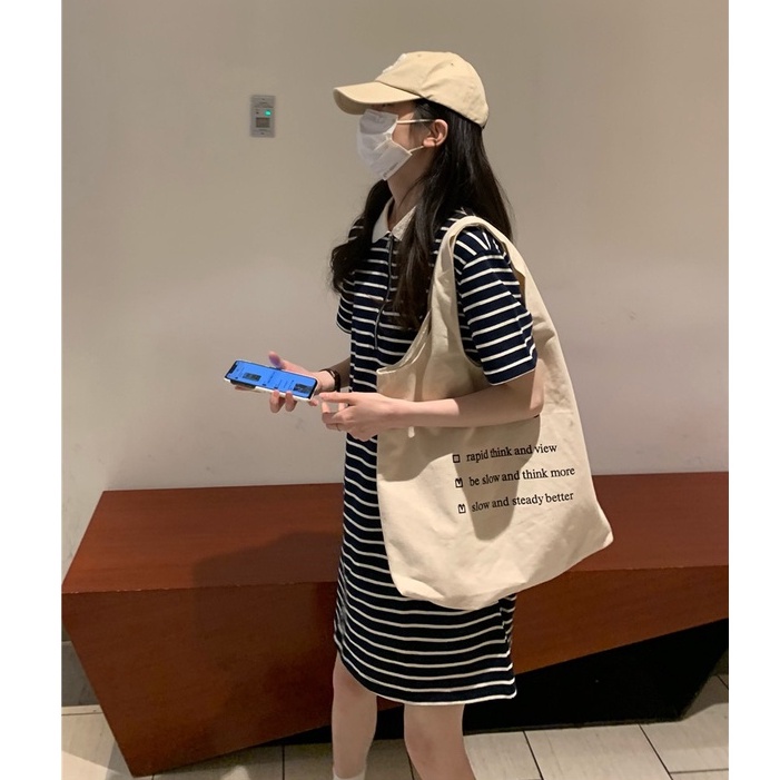 Đầm polo XIAOZHAINV ngắn tay kẻ sọc phong cách Hàn Quốc thời trang hè cho nữ
