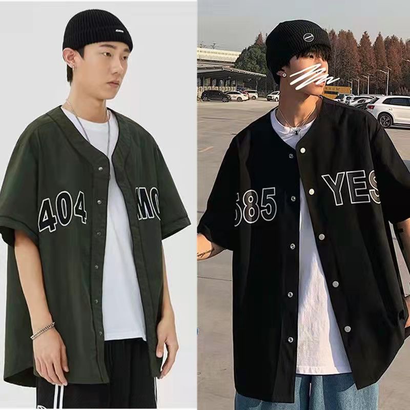 Áo Sơ Mi Bóng Chày Tay Ngắn Họa Tiết Thêu Thời Trang Phong Cách Hàn Quốc Cho Nam Nữ