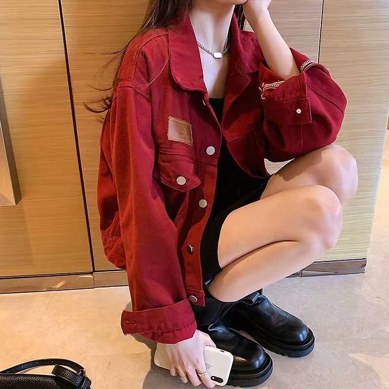 Áo Khoác Denim Ôm Dáng Phong Cách Hàn Quốc Màu Đỏ Kích Thước Nhỏ Cho Nữ
