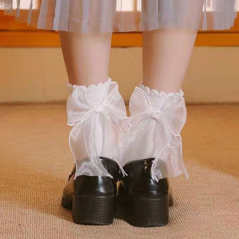Vớ Trắng Cổ Thấp Phối Ren Đính Nơ Phong Cách Công Chúa Ngọt Ngào Dễ Thương Cho Nữ