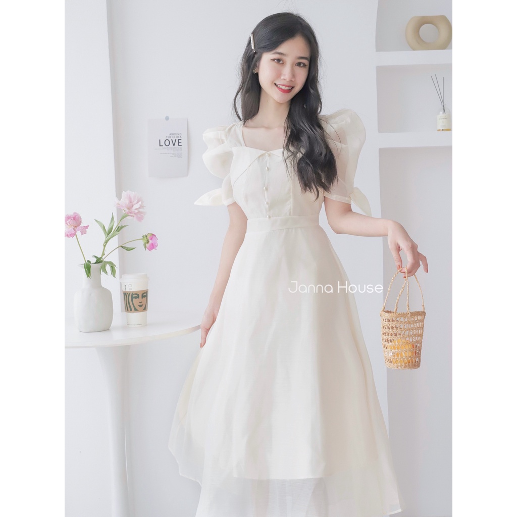 - Váy cổ vuông tay voan bồng vải tơ sống lót lụa tiểu thư ulzzang sang trọng quyến rũ - K16 - jannahouse