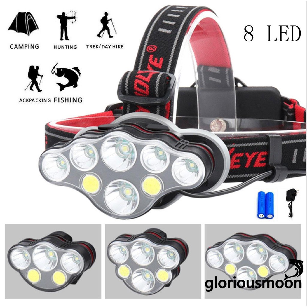 Đèn Pin Đội Đầu Đeo Trán 8 Bóng T6 Siêu Sáng Kèm Pin Sạc