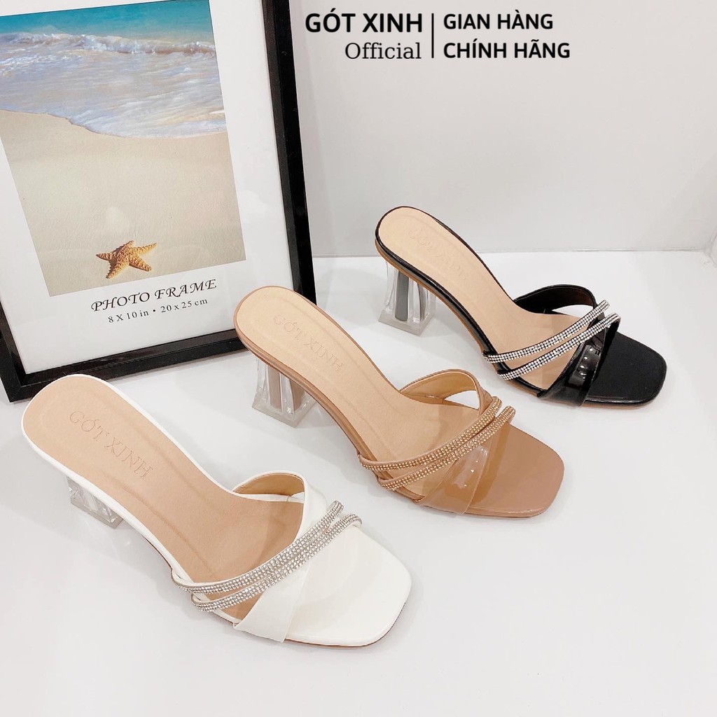 Dép cao gót nữ GÓT XINH GX392 mũi vuông quai chéo đính đá gót mika trong cao 7cm