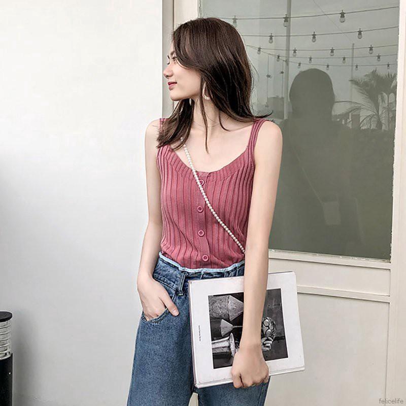 Áo tank top không tay cổ chữ U phối nút màu trơn