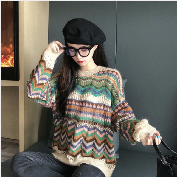 Áo len dài tay nữ form rộng, len mỏng cổ tròn phong cách Hàn Quốc