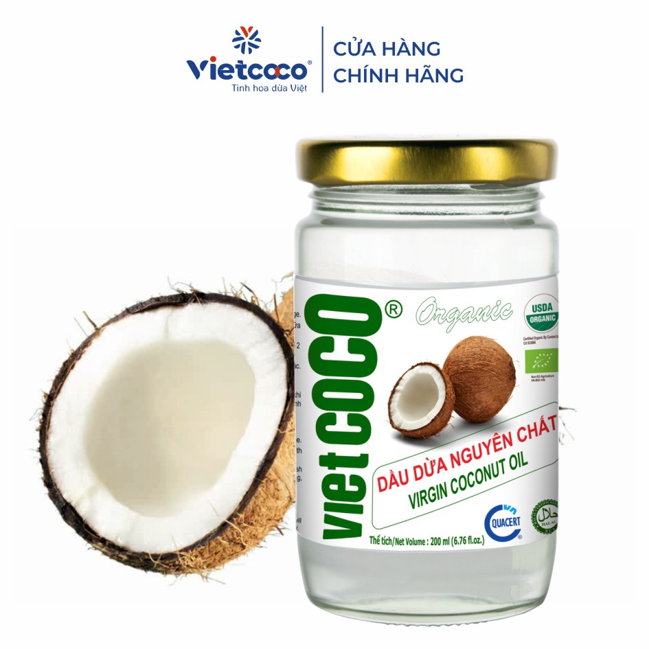 Dầu dừa nguyên chất Organic Vietcoco 200ml keo thủy tinh ( cao)