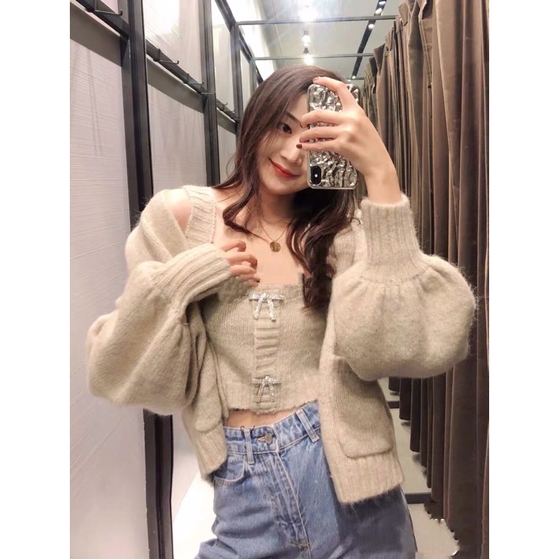 Set áo khoác len cardigan croptop tay bồng + áo 2 dây bản to cổ vuông đính nơ đá ZR Ulzzang siêu đẹp ❤️