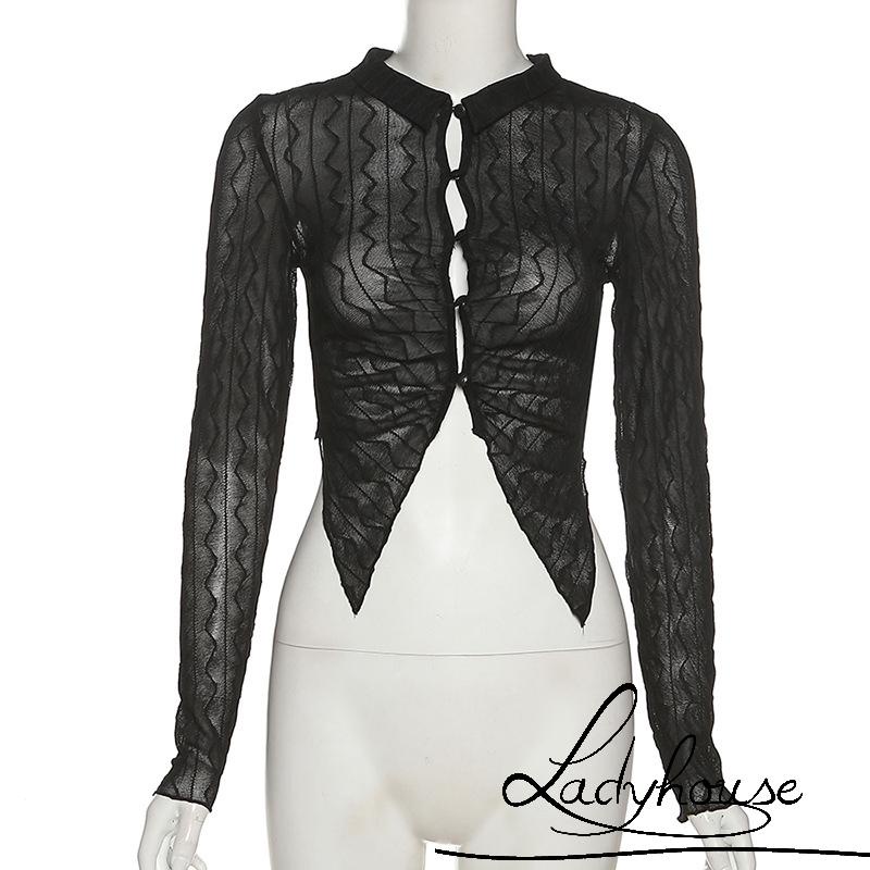 Áo Sơ Mi Croptop Tay Dài Vải Mỏng Màu Trơn Cài Nút Thời Trang Mùa Hè Cho Nữ