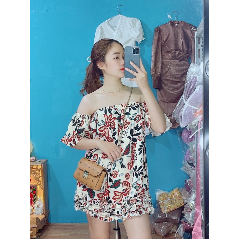 Đầm suông hoa béo trệt vai ( hình thật) | BigBuy360 - bigbuy360.vn