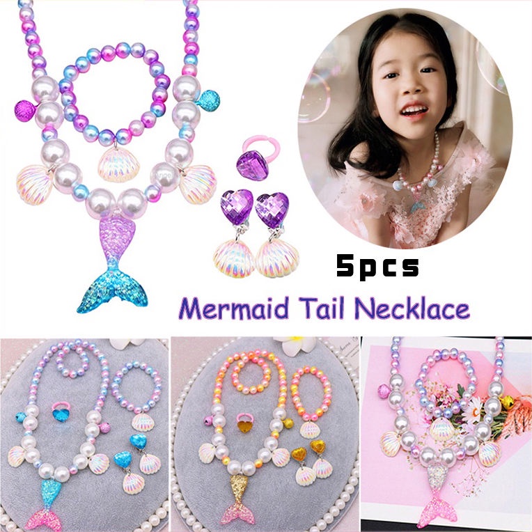 Bộ Trang Sức 5 Món Mặt Vòng cổ / Nhẫn / Bông Tai Hình Vỏ Sò / Nàng Tiên Cá Bé