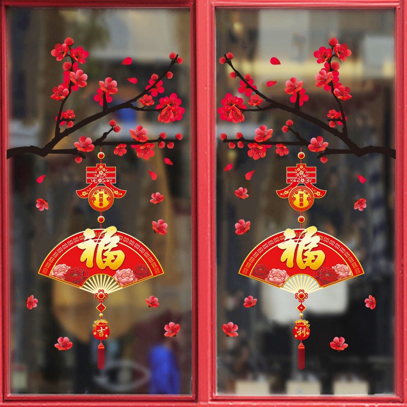 Decal Dán Tường Tết - 2 cành Mai đỏ quạt xòe mẫu mới