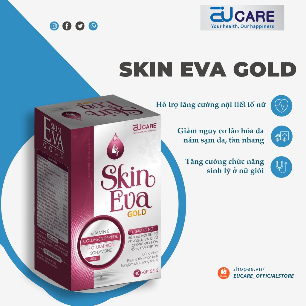 Viên uống trắng da, tăng nội tiết tố nữ Skin Eva Gold EUCARE, Bổ xung vitamin B, C, E hạn chế lão hóa, sạm da (30 viên )