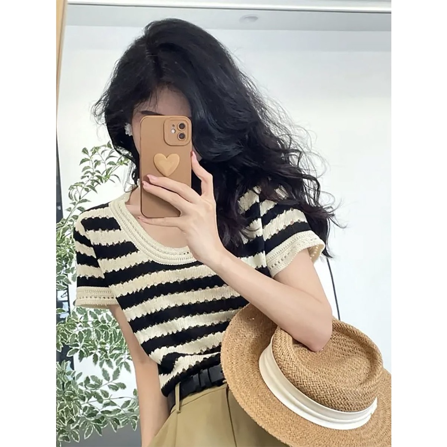 Áo Thun Dệt Kim Tay Ngắn Họa Tiết Sọc Thời Trang Hàn Quốc Chất Lượng Cao Cho Nữ