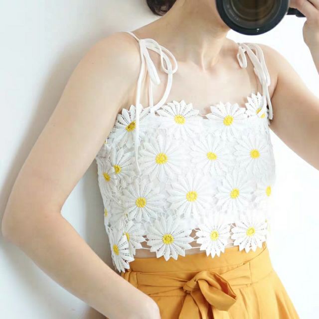 🌼Áo croptop hai dây buộc đi biển hoa cúc thêu Jennie BLACKPINK dễ thương