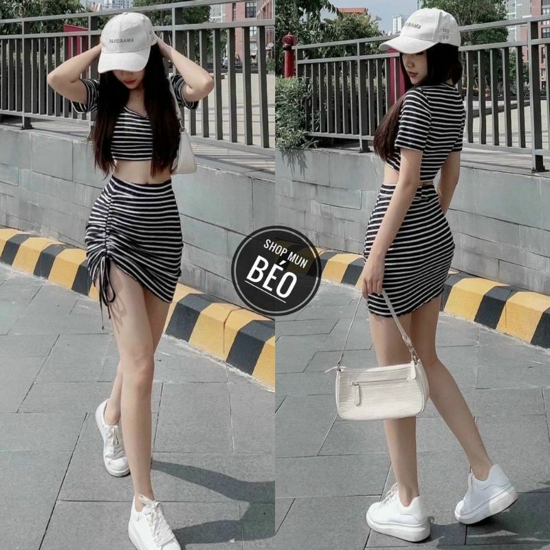 SÉT Chân váy rút 1 bên VÀ áo croptop Sọc năng động