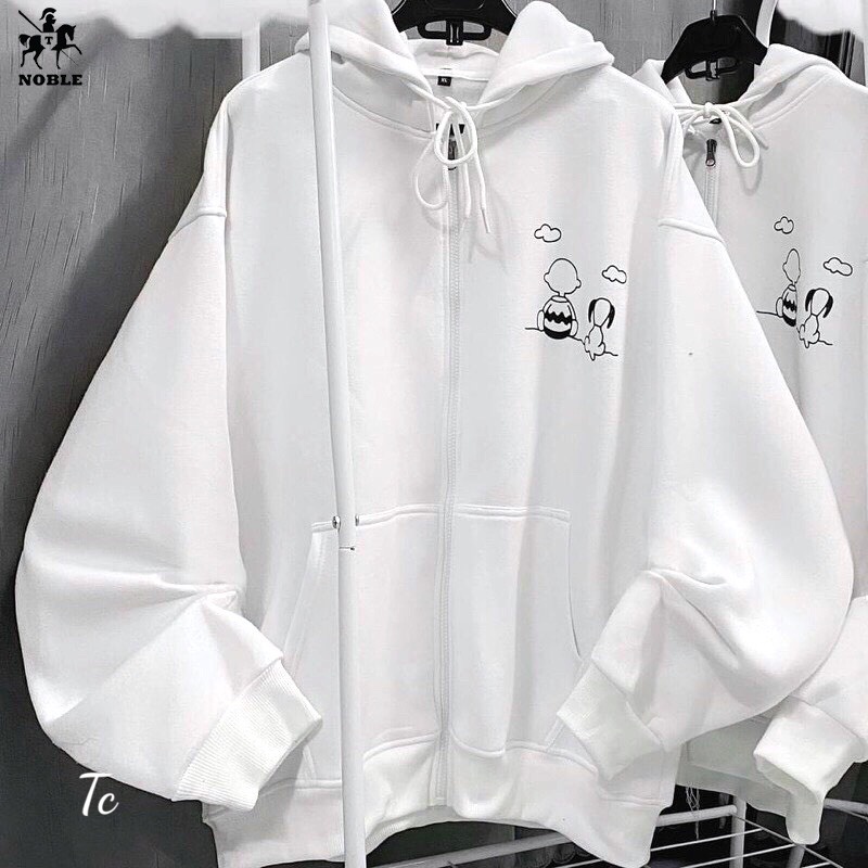 Áo hoodie zip nữ tay phồng chú chó và con người 2 màu đen trắng,áo thu đông nữ chất nỉ ngoại dày mịn mũ 2 lớp