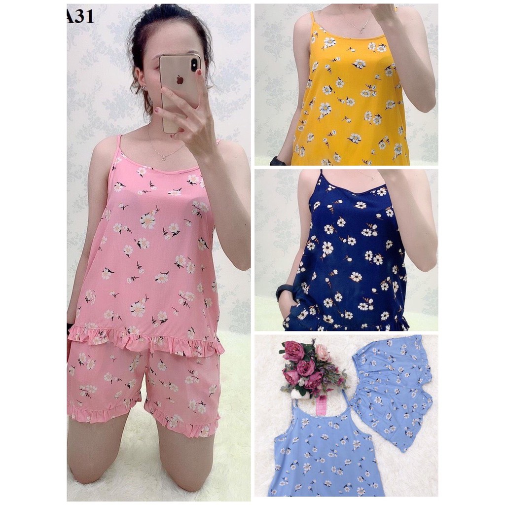 Bộ đùi cộc 2 dây lanh thái họa tiết hoa to