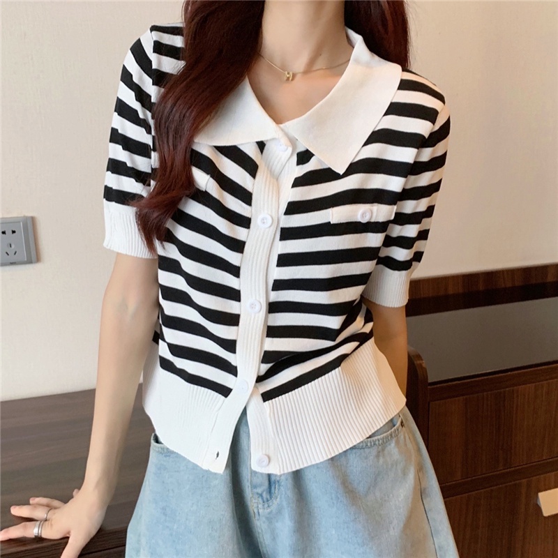 Áo Thun POLO Dệt Kim Tay Ngắn Kẻ Sọc Thiết Kế Trẻ Trung Cá Tính