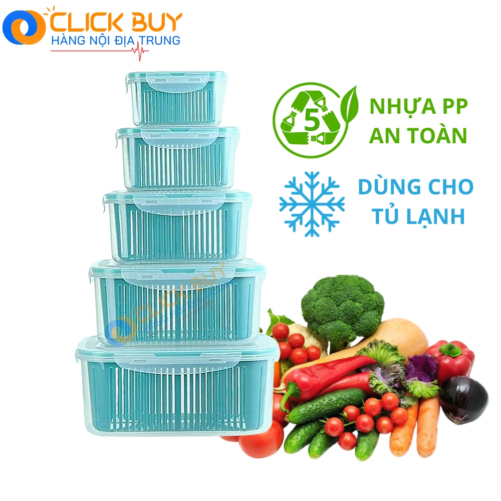 Bộ 5 Hộp Đựng Thực Phẩm Đa Năng Dùng Cho Tủ Lạnh Có Nắp Đậy Kèm Rổ Ráo Nước Loại Mới
