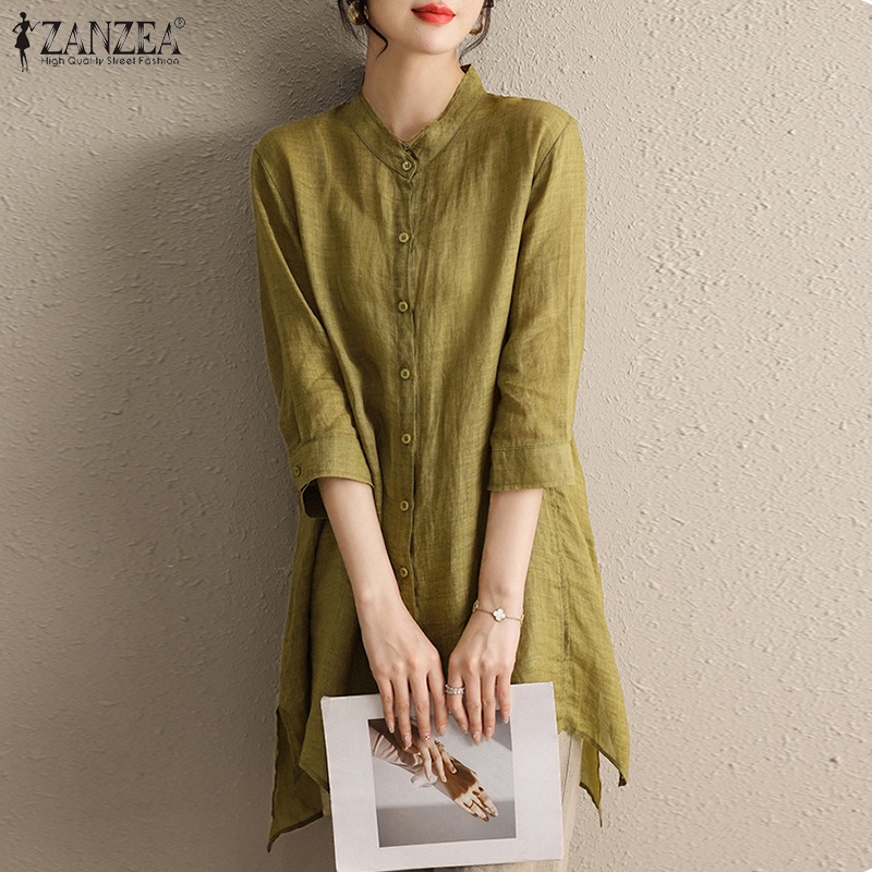 Áo sơ mi Zanzea tay 3/4 cổ đứng thiết kế xẻ tà thời trang cho nữ