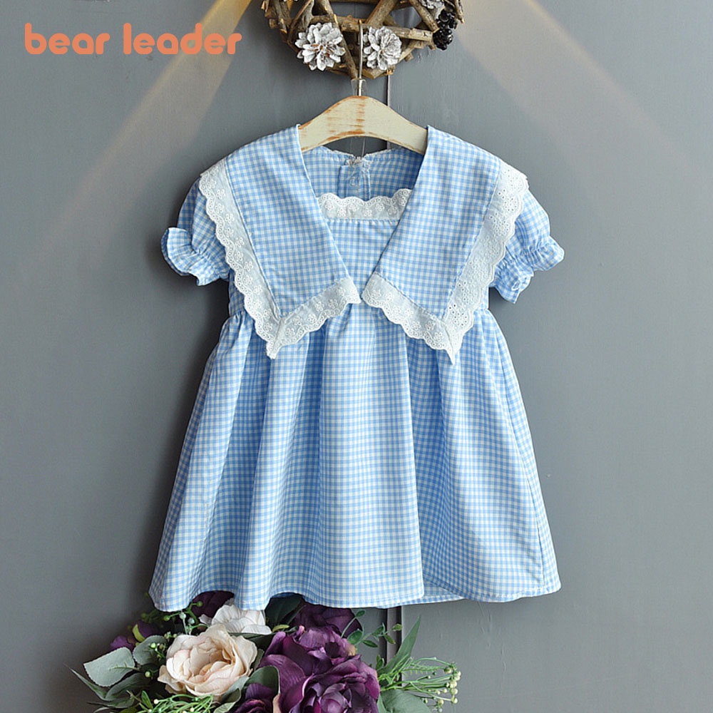 Đầm công chúa BEAR LEADER phối ren kẻ sọc caro cho bé 3-7 Tuổi