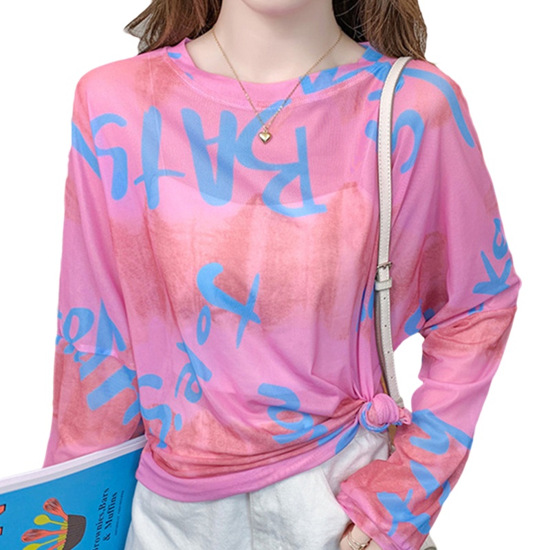 Áo Lưới Tay Dài In Chữ Màu Sắc Tương Phản Trọng Lượng Nhẹ Thoáng Khí Thời Trang Cho Nữ