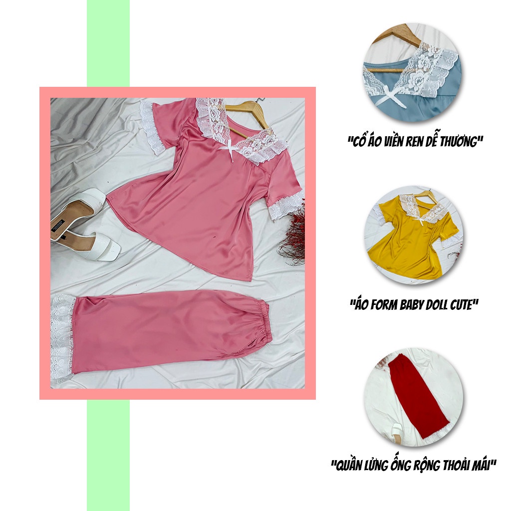Đồ bộ mặc nhà SBORG bộ pijama lụa latin áo tay ngắn cổ tim viền ren dễ thương quần lửng túi quần sâu freesize dưới 65kg