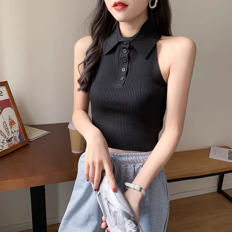 Áo cổ polo khoét vai nhiều màu dáng croptop cực xinh