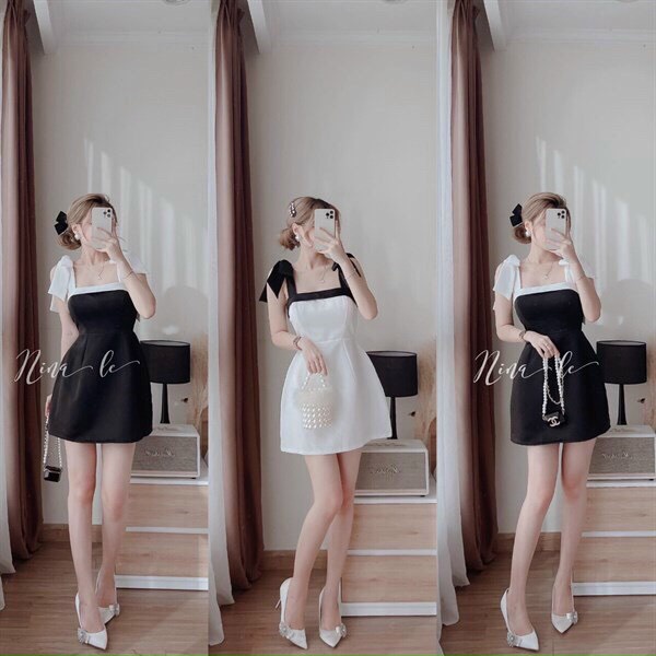 ĐẦM CHỮ A DÁNG XÒE ĐI CHƠI TIỆC SIÊU ĐẸP VỚI THIẾT KẾ 2 DÂY CỘT NƠ, TÀ XÒE CÓ MÚT, CHẤT VẢI XỐP CAO CẤP