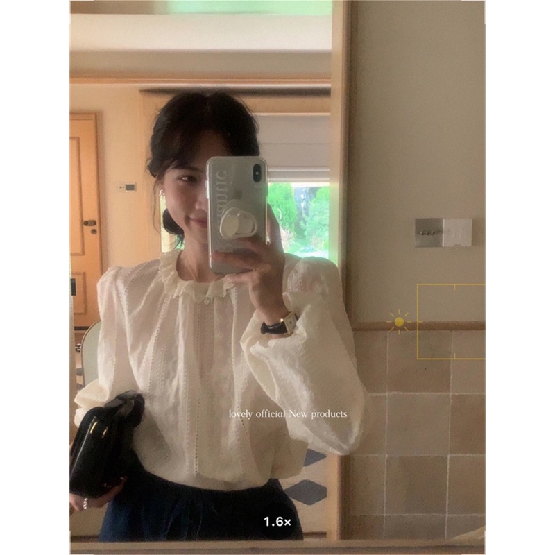 Áo Nữ Tay Dài Cổ Tròn Phối Ren Phong Cách Hàn Quốc