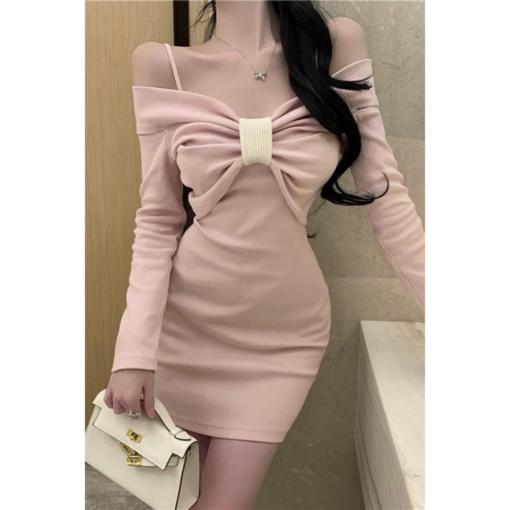 Đầm Dệt Kim Dài Tay Cổ Phẳng Phong Cách Đường Phố Thu Đông Mới Cho Nữ