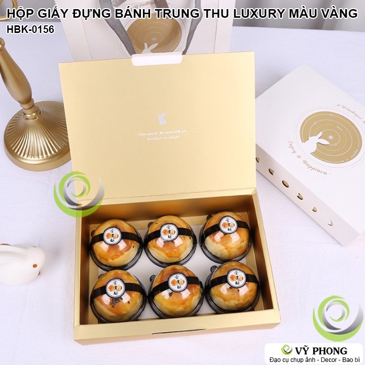 HỘP GIẤY ĐỰNG BÁNH TRUNG THU MÀU VÀNG LUXURY NẮP MỞ VÀ BAO NGOÀI IN HÌNH THỎ HỘP QUÀ TẶNG DỊP LỄ TẾT HBK-0156