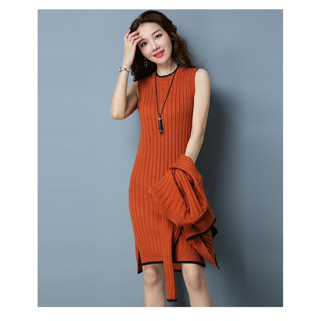 Set váy đầm len kèm áo khoác cardigan cao cấp, duyên dáng, sang trọng