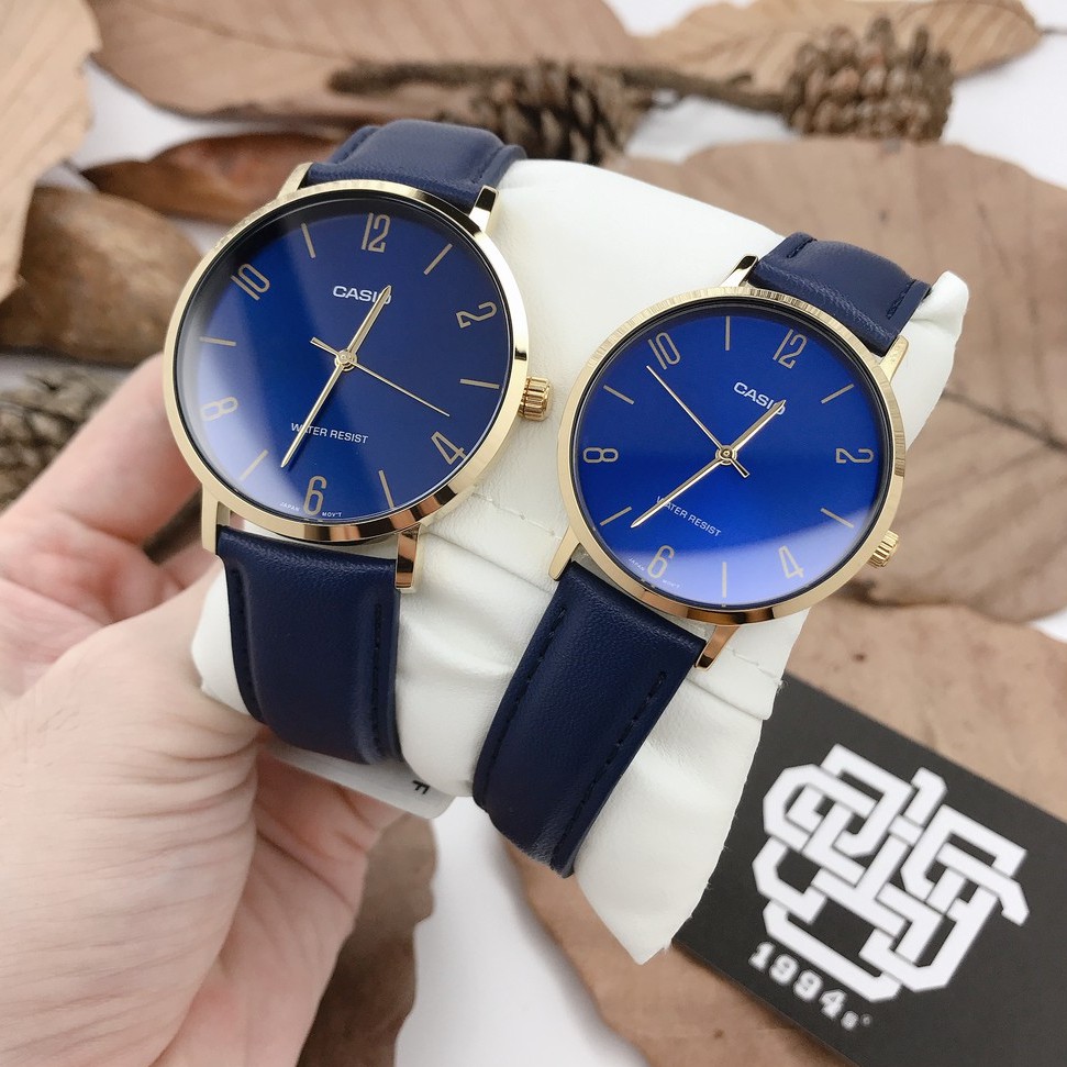 Đồng hồ cặp Casio MTP-VT01GL-2B2 / LTP-VT01GL-2B dây da, size 34mm, 40mm, chống nước, hàng chính hãng