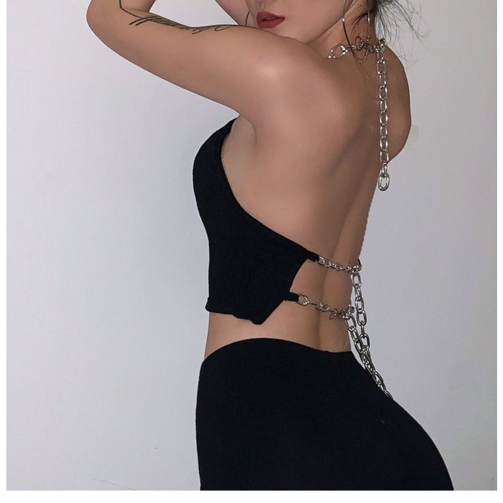 Áo Croptop Hai Dây Hở Lưng Dáng Ôm Phối Dây Xích Kiểu Hàn Quốc Thời Trang Cho Bạn Gái