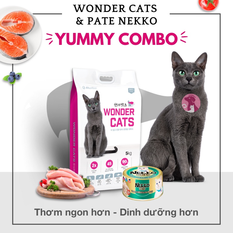 Combo Pate mèo Nekko vị Cá Ngừ &amp; Thịt Gà (85g) &amp; Hạt cho mèo Wonder Cats (5 kg)