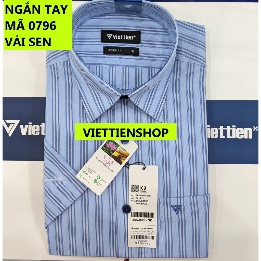 (0796 SS) ÁO SƠ MI VIỆT TIẾN NGẮN TAY VẢI SEN KẺ SỌC