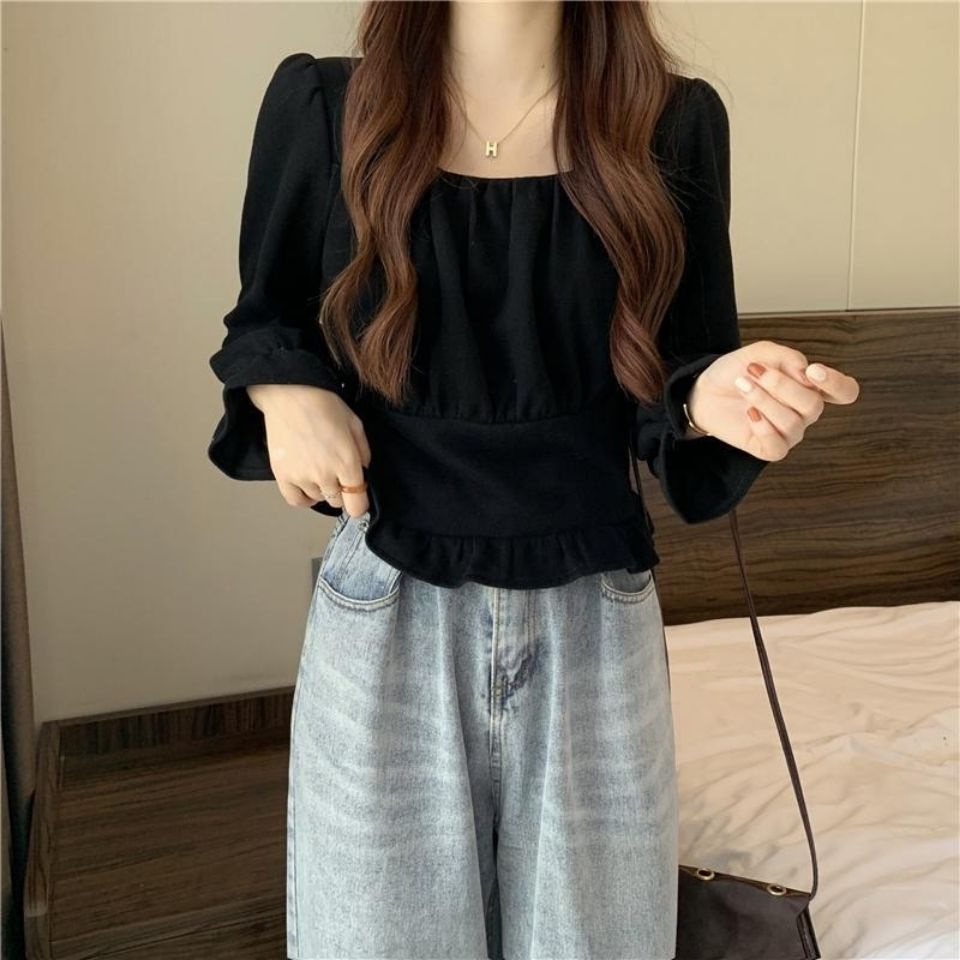 Áo Kiểu Tay Dài Cổ Vuông Thời Trang Mùa Thu 2023 Phong Cách Pháp Cho Nữ