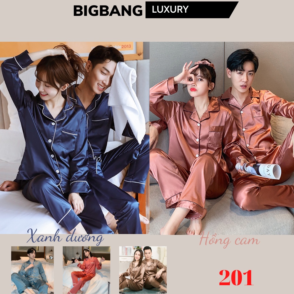 Đồ Ngủ Pijama Trơn Dài Tay Bigbang Luxury Mã 201 Đồ Mặc Nhà Nam Nữ Chất Vải Lụa Bóng