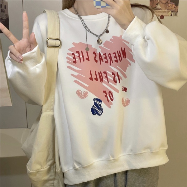 Áo sweatshirt PEWARNA IKAT dài tay họa tiết trái tim hoạt hình dáng rộng phong cách Nhật Hàn thời trang thu đông cho nữ