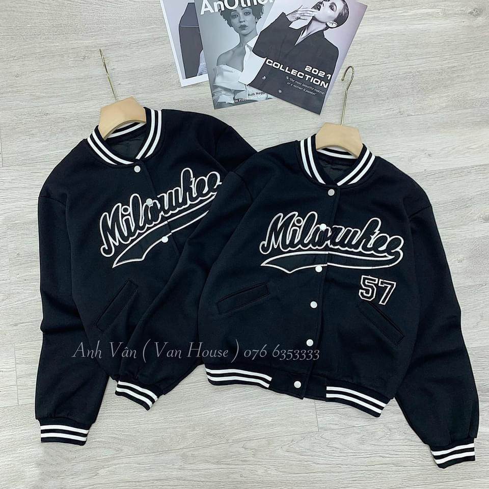 Áo khoác bomber nỉ thêu chữ số 57 bo viền cá tính