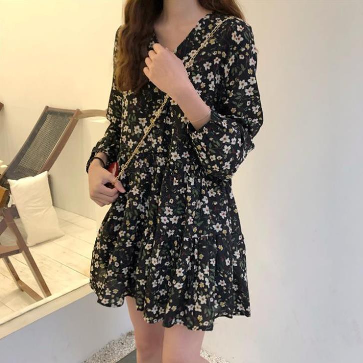 Đầm nữ đẹp dáng dài ngắn tay dài 2021, Váy nữ bánh bèo tiểu thư màu đen hoa nhí vổ V thắtro Thời Trang Hàn Quốc  ཾ